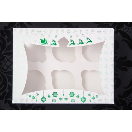 Новорічна коробка для 6 капкейків (зелене тиснення), 240*180*90мм