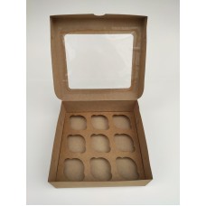 Коробка на 9 капкейків із вікном, крафт-картон, 240*250*90мм