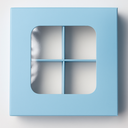 Коробка для 4 цукерок з бортиком, з захисним лаком, блакитна, 110*110*30