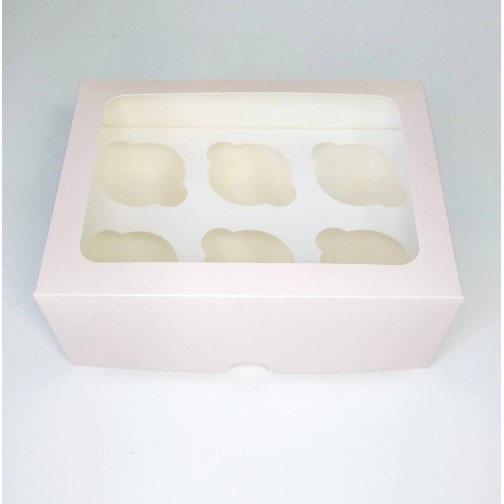 Коробка для 6 капкейків пудрова з прямим вікном, 240*180*90мм