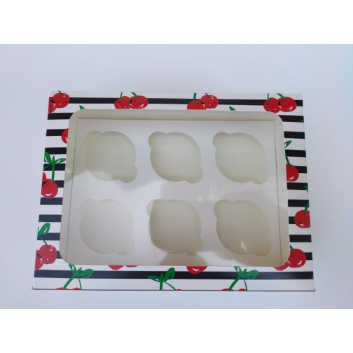 Коробка "Вишеньки" на 6 капкейків (прямокутне вікно), 240*180*90